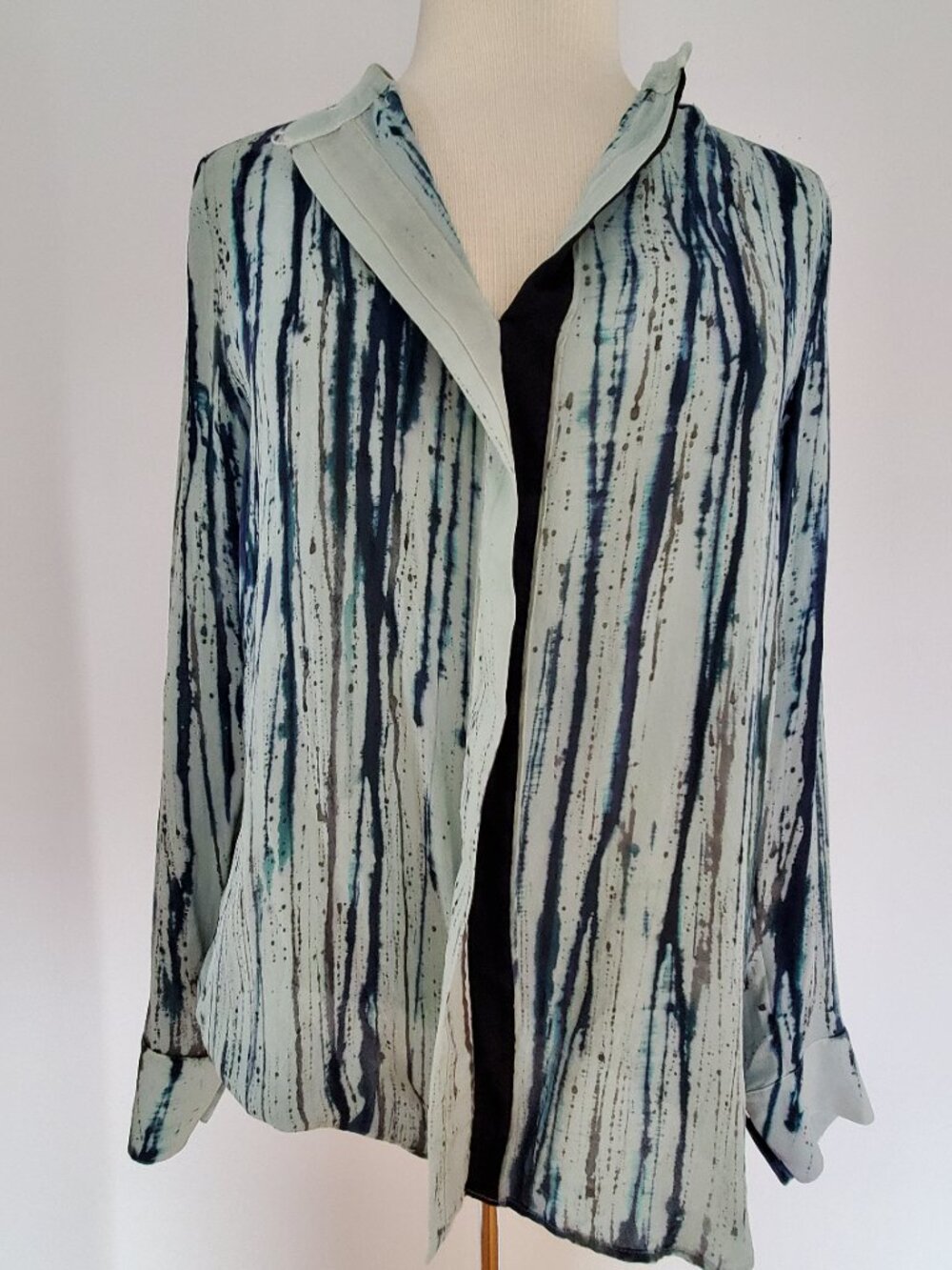 painted Vince Silk chiffon Shirt striped black navy blue gray green Med L 8 10